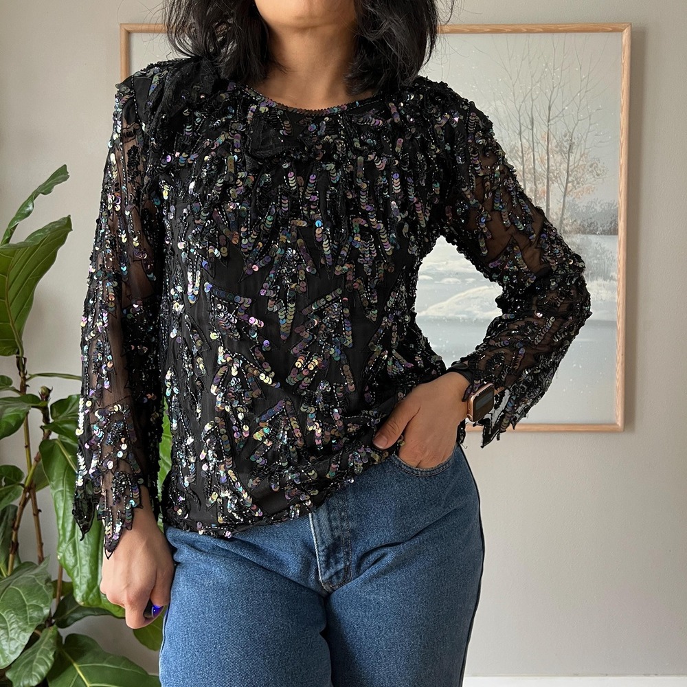 Vintage Silk Sequin Blouse Black Sheer Party Top 90s Y2K Glam‎ Evening